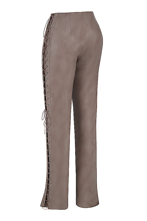 Snörkorsett med spetsbyxor i mocka och ekologiskt läder