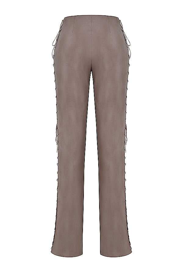 Snörkorsett med spetsbyxor i mocka och ekologiskt läder