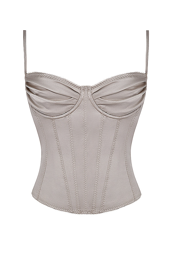 Champagne colored corset set with black lace details