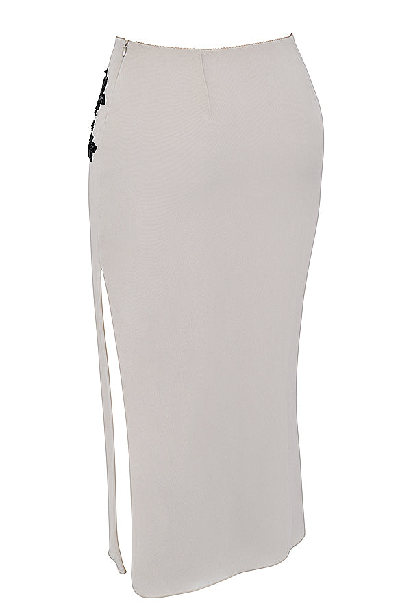 Champagne colored corset set with black lace details