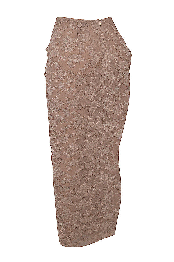 Korsett med spets framtill och kjol med utskuret ben