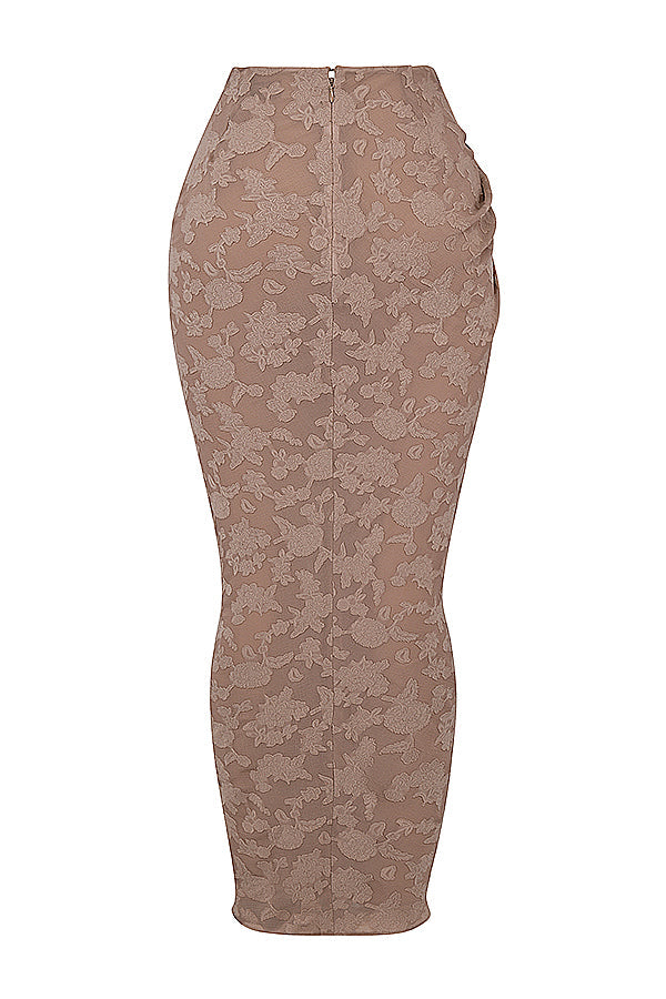 Korsett med spets framtill och kjol med utskuret ben