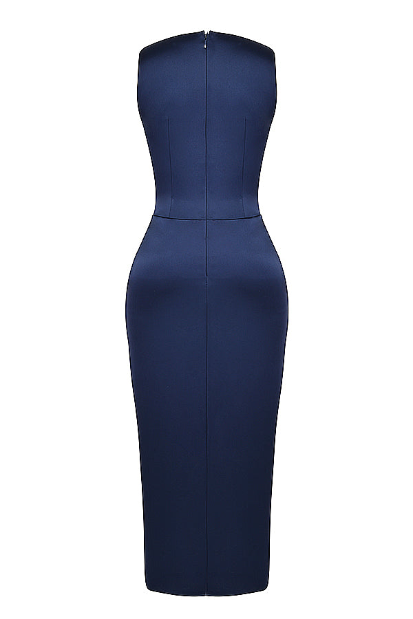 Navy draped slit maxi dress