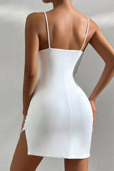 White ruffled bodycon mini dress with thin straps