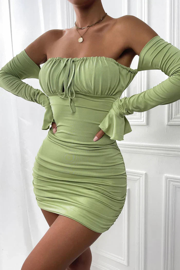 Off-the-shoulder ruched mini dress