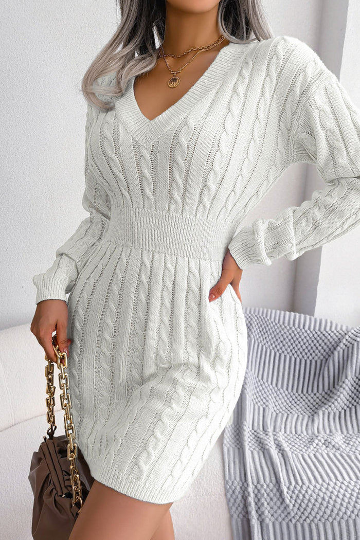 Cable knit sweater dress with V-neck