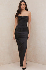 Black draped strapless long dress