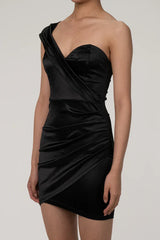 Black one-shoulder draped mini dress