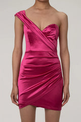 Pink satin asymmetrical mini dress