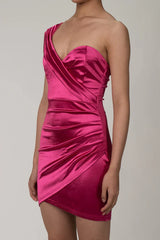 Pink satin asymmetrical mini dress