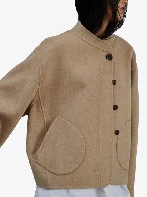 Camel beige boxy jacket with asymmetrical buttoning