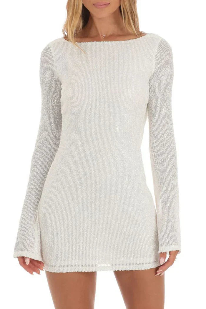 White sequined mesh mini dress with long sleeves