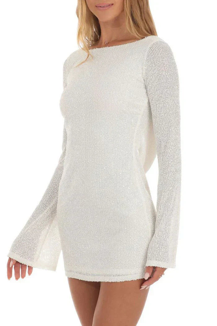 White sequined mesh mini dress with long sleeves