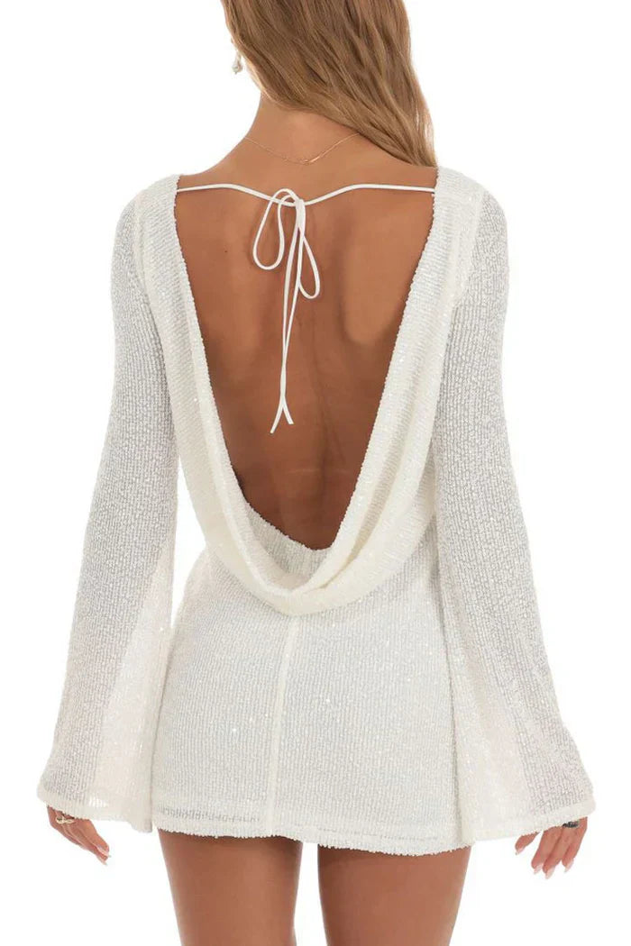 White sequined mesh mini dress with long sleeves