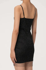 Black mini dress with rhinestones and mesh