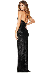 Black sequined long dress with open back and slit