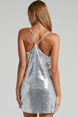 Silver sequin mini dress with thin straps