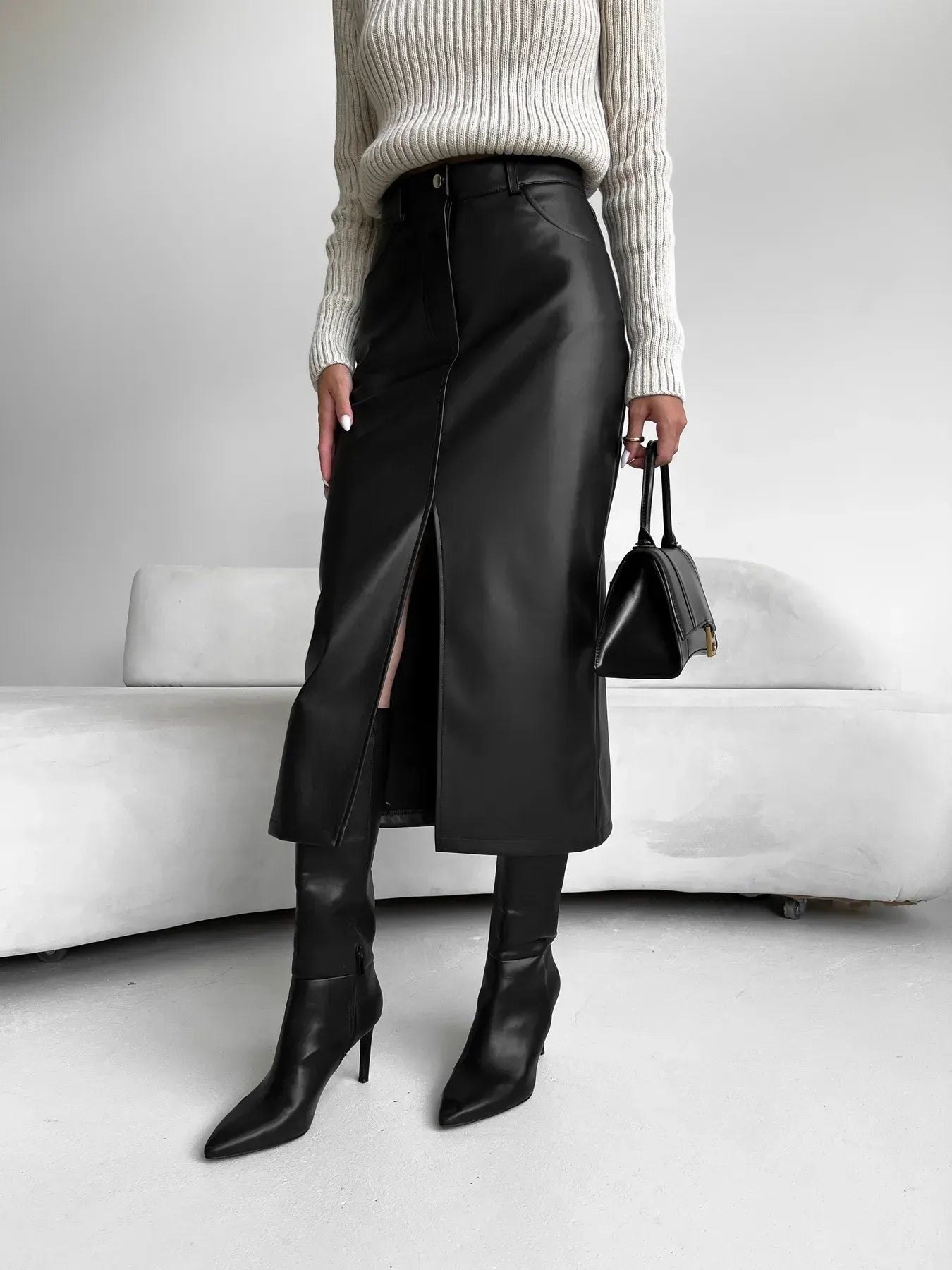 Black leather dress with front slit