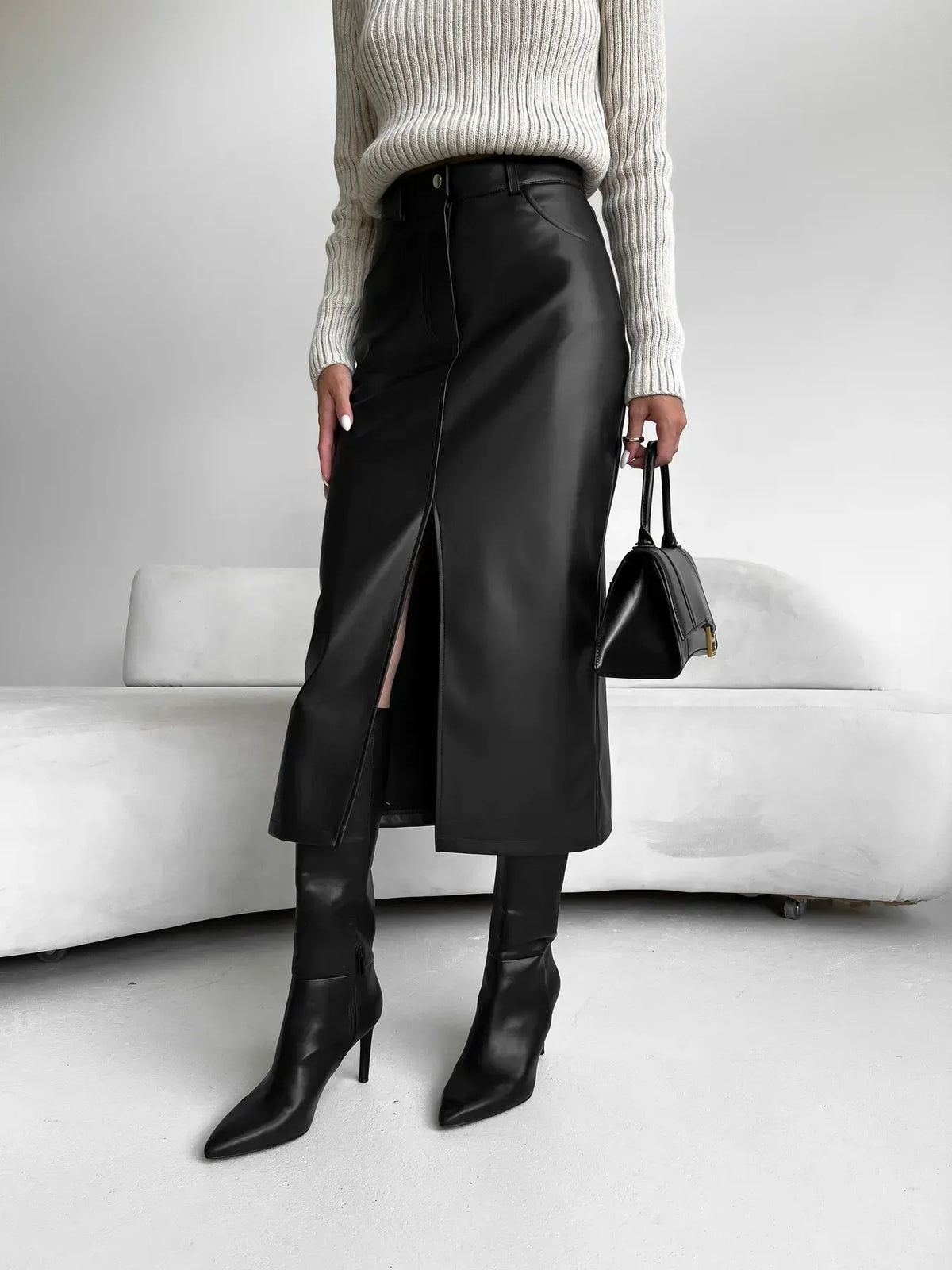 Black leather dress with front slit