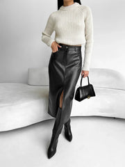 Black leather dress with front slit