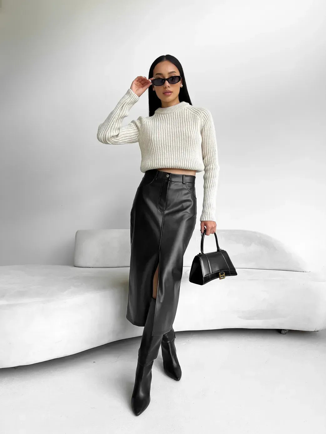 Black leather dress with front slit