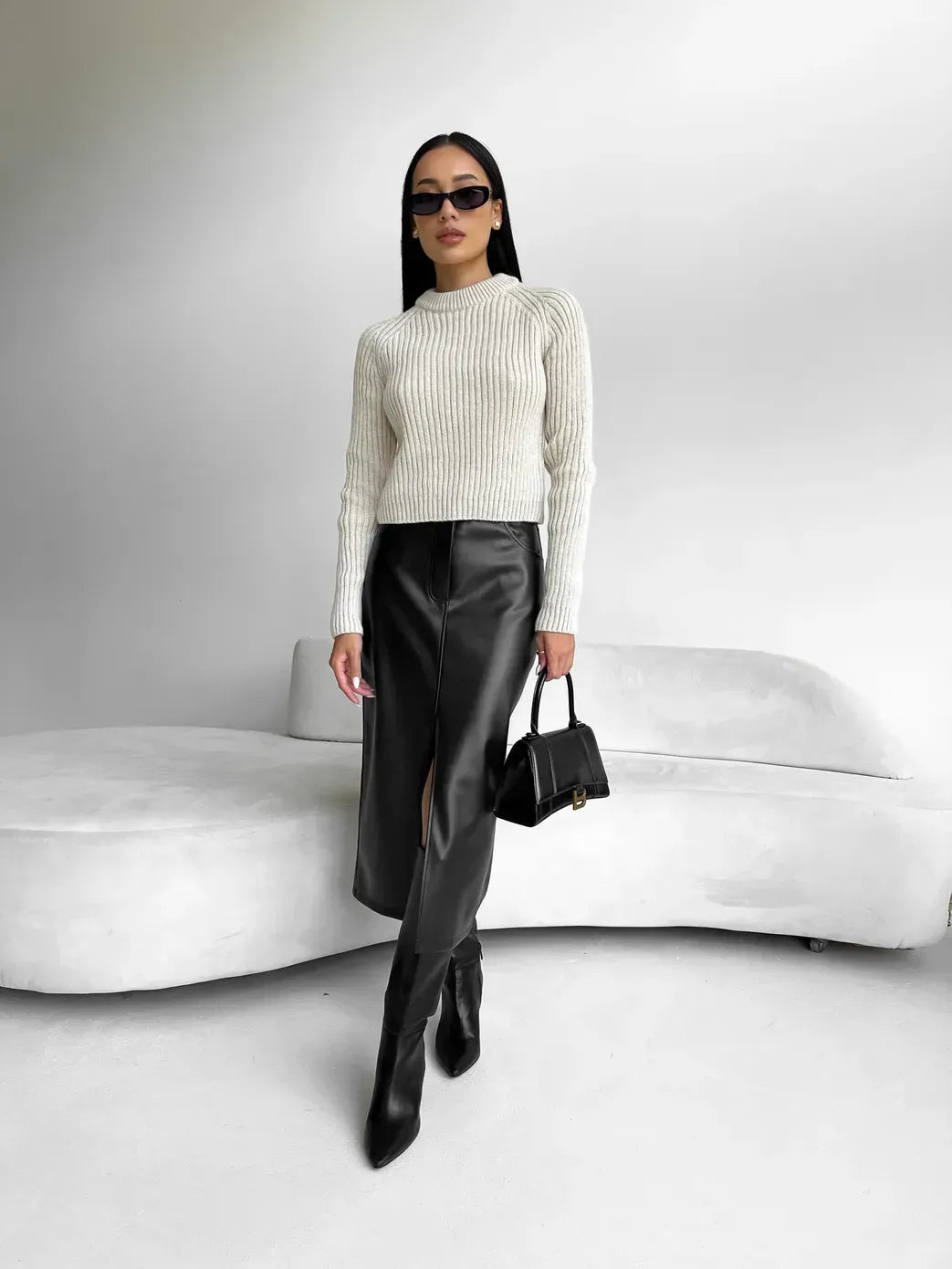 Black leather dress with front slit