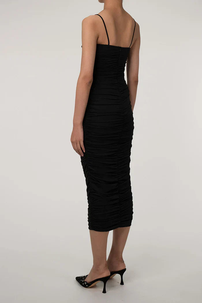 Ruffled midi dress with spaghetti straps