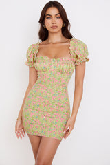 Floral print mini dress with puff sleeves