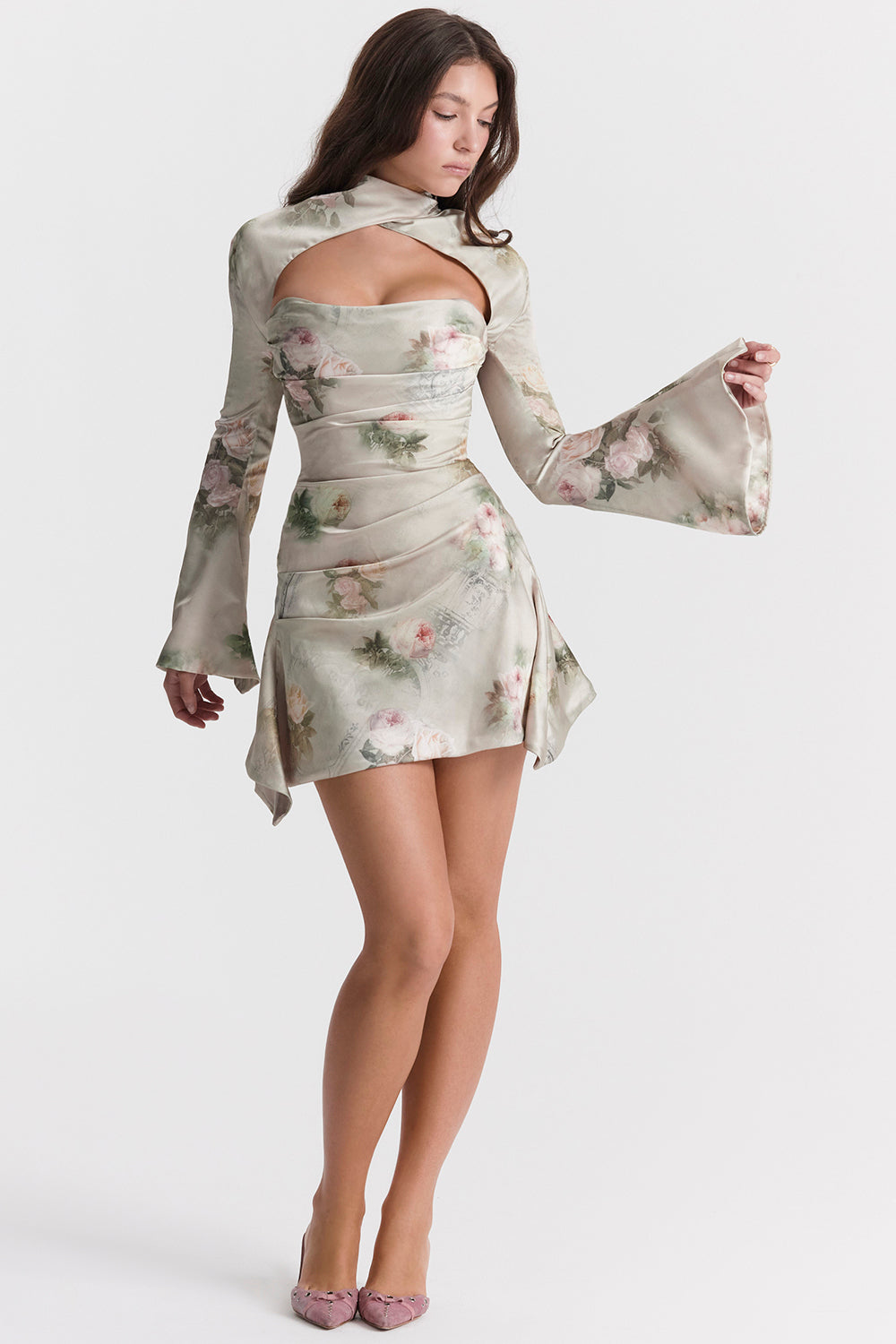 Draperad långärmad miniklänning