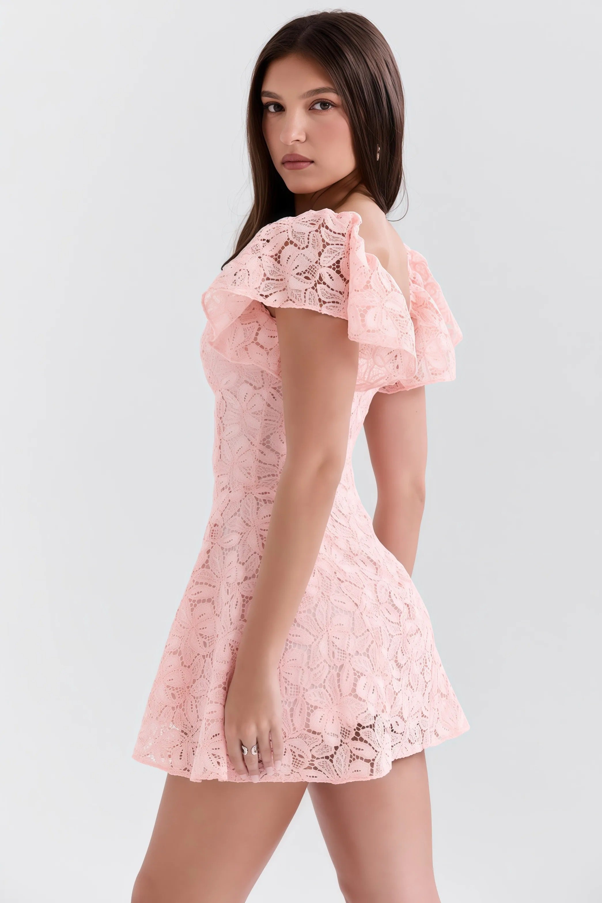 Pink lace dress with ruffled sleeves