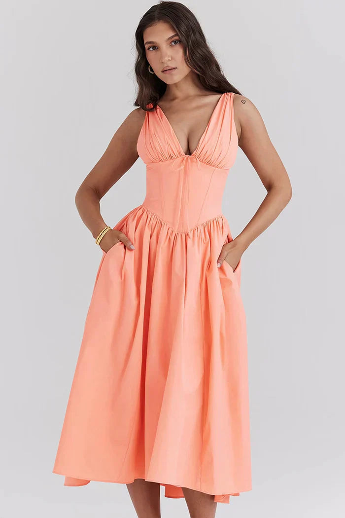 Peach midi dress with plunging neckline