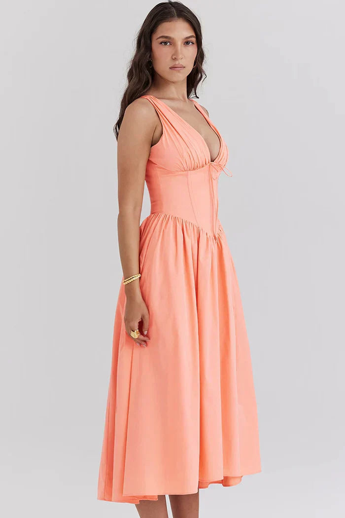 Peach midi dress with plunging neckline