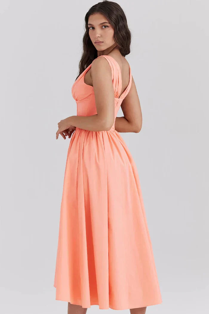 Peach midi dress with plunging neckline