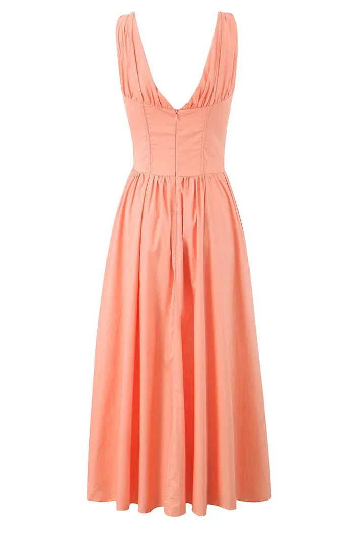 Peach midi dress with plunging neckline