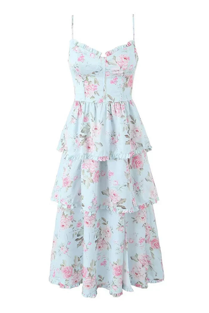 Light blue long dress with rose print